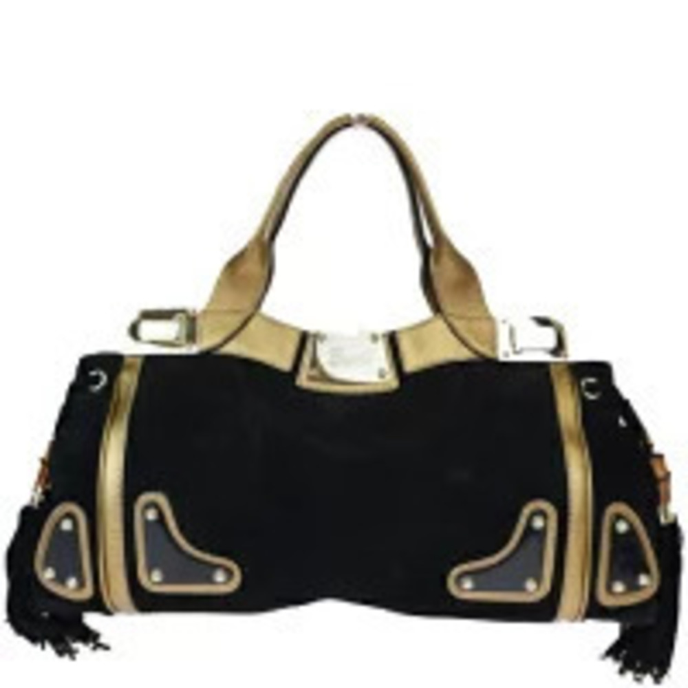 Gucci Bamboo Handbag Fringe Black Gold Suede Leather